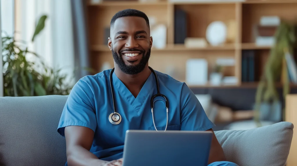Smiling doctor using laptop at home in bright living room