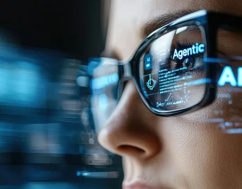 Businesswoman Analyzing Data with AI Assistant in Modern Environment