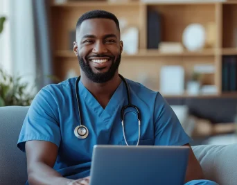 Smiling doctor using laptop at home in bright living room